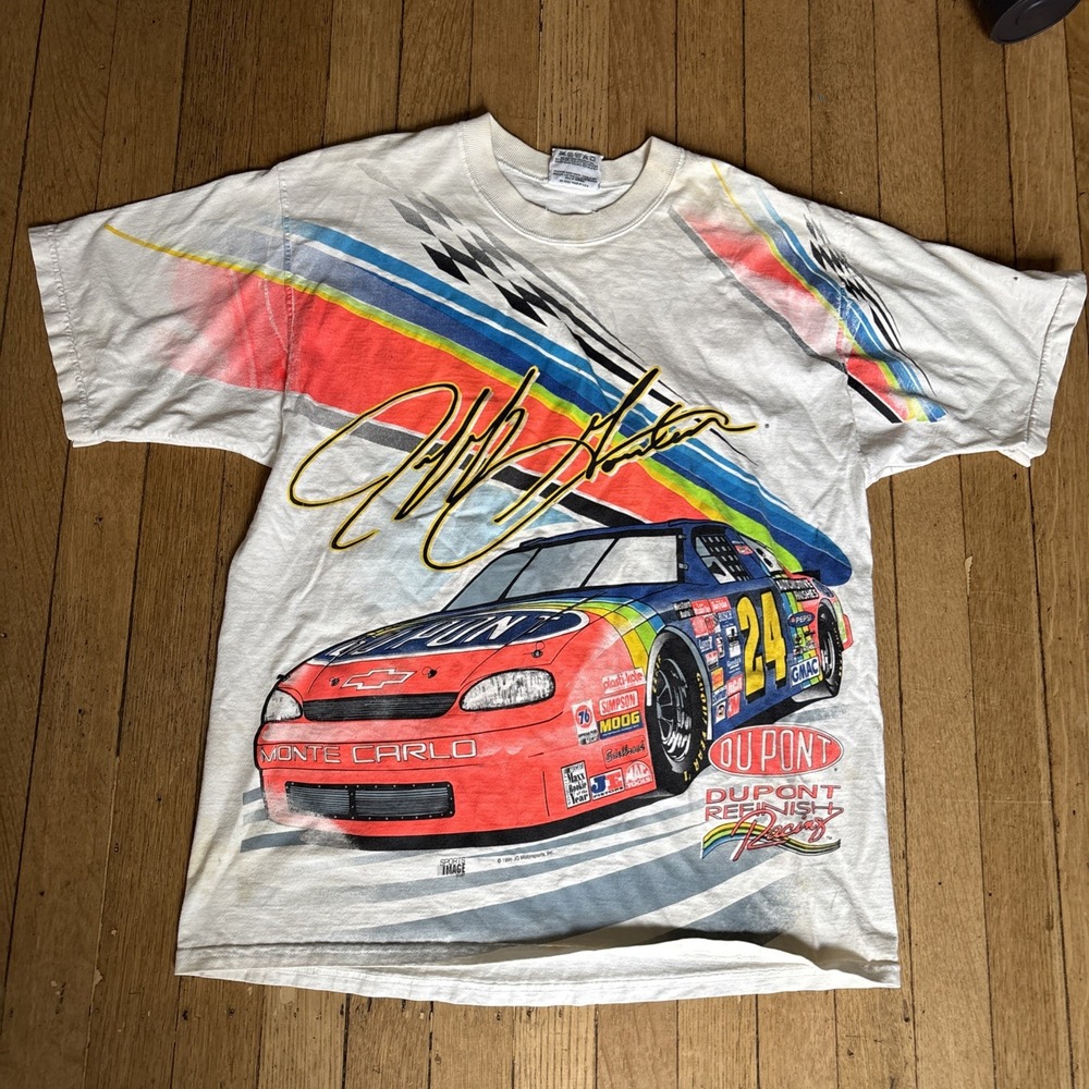 Vintage NASCAR All Over Print Shirt Mens Large White AOP 90s Jeff Gordon Chase